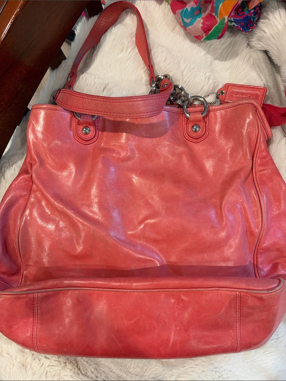 Coach Coral Pink Leather Tote with Front Flap Pocket and Tassel Charm - Picture 4 of 6